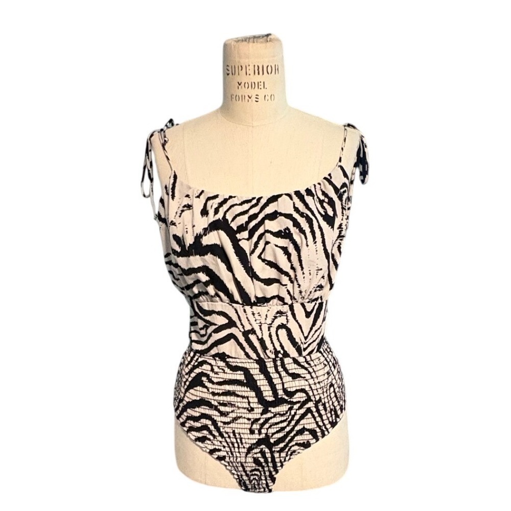 Zebra Print Smocked Bodysuit Black Cream Tie Strap Women Med Going out Animalier
